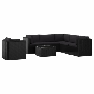 Set mobilier de grădină cu perne, 7 piese, negru, poliratan - Img 2