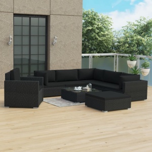 Set mobilier de grădină cu perne, 8 piese, negru, poliratan