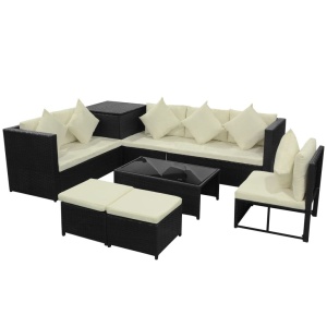 Set mobilier de grădină cu perne, 8 piese, negru, poliratan - Img 3