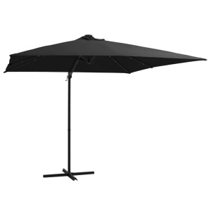 Umbrelă suspendată cu LED și stâlp din oțel, negru, 250x250 cm