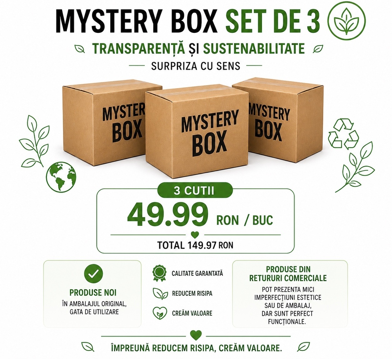 Set 3 Mystery Box România - Mega Pachet de 3 Cutii Misterioase cu Surprize Utile (Textile, Unelte, Decorațiuni)
