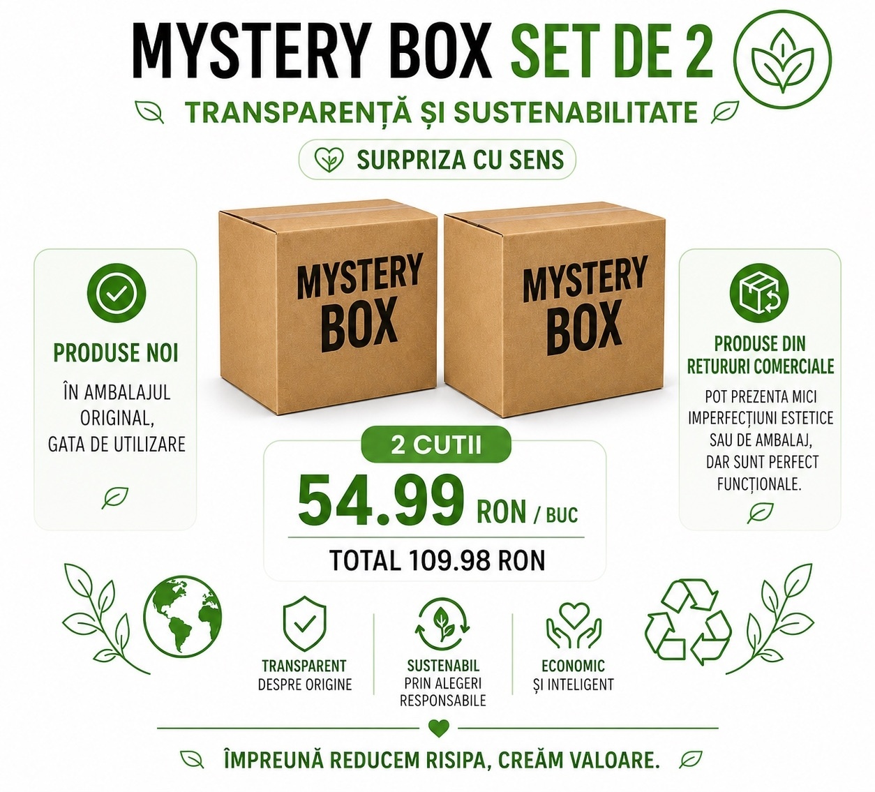 Set 2 Mystery Box România - Pachet de 2 Cutii Misterioase cu Surprize Utile (Textile, Unelte, Decorațiuni)