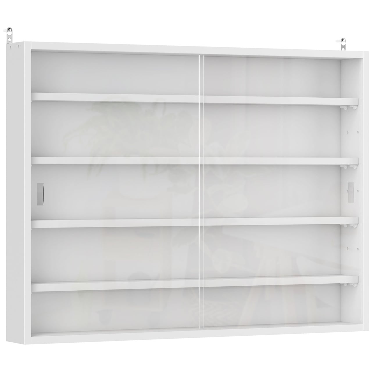Vitrina suspendata de perete 80x9.5x60 cm, 5 rafturi reglabile, 2 usi glisante sticla, PAL, pentru figurine si parfumuri