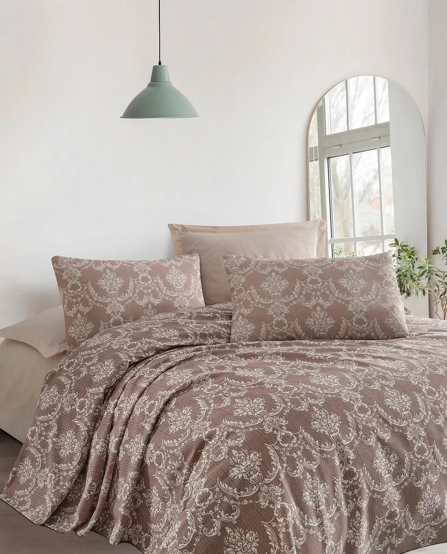 Set lenjerie de pat, bumbac 100%, 240x220 cm, cearsaf neelastic, lavabil 30°C, maro - Verificat A · Re-Bloom