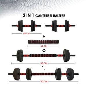 Athletos set 2 gantere reglabile 20 kg, discuri ciment, bara conector, manusi antrenament, multiple combinatii, rosu/negru - Verificat A · Re-Bloom - Img 3