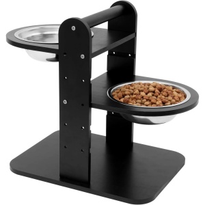 Belle Vous suport reglabil 2 boluri hrana/apa, bambus/inox, 40x30x41cm, inaltime reglabila 10-33.5cm, 2 boluri inox Ø20x6cm 1L, negru - Verificat A · Re-Bloom
