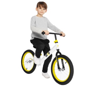 Bicicleta fara pedale copii 16 inch, 5-9 ani, roti cu disc siguranta, Galben/Alb/Negru - Verificat A · Re-Bloom