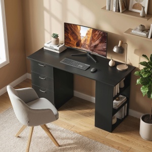 Birou PC cu 3 rafturi si 3 sertare, MDF, 120x49x72 cm, raft 36x24x22cm + sertar 28x34x12cm, capacitate 20kg, negru - Verificat A · Re-Bloom - Img 2