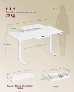 Birou reglabil electric Vasagle, cu suport pentru monitor, metal/lemn, alb, 140 x 70 x 72-120 cm, Resigilat, Grad A - Img 4