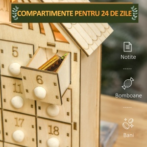 Calendar de Advent pentru Craciun, LED, lemn, natur, 26.6 x 6 x 30 cm, Resigilat, Grad A - Img 6