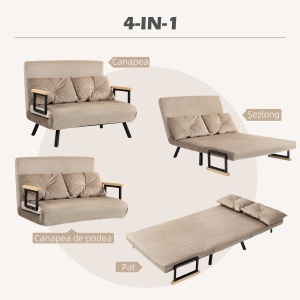 Canapea extensibila 2 locuri Re-Bloom, catifea poliester/otel/burete/lemn, 102x73x81 cm, pat 183x98.5x26 cm, spatar 5 niveluri, 2 perne incluse, 120 kg, maro deschis - Verificat A · Re-Bloom - Img 6