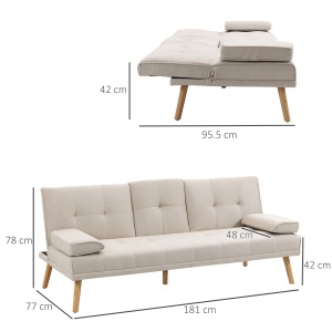 Canapea extensibila 3 locuri Re-Bloom, textil efect in/metal/burete/plop, 181x77x78 cm, pat 181x95.5x38 cm, consola centrala, suport pahare, 3 pozitii spatar, 250 kg, bej/natur - Verificat A · Re-Bloom - Img 3