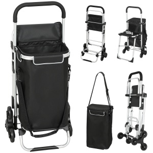 Carucior cumparaturi aluminiu cu geanta 40L impermeabila si scaun, 3 roti urcat scari, 46x59.5x97cm, Negru/Argintiu - Verificat A · Re-Bloom