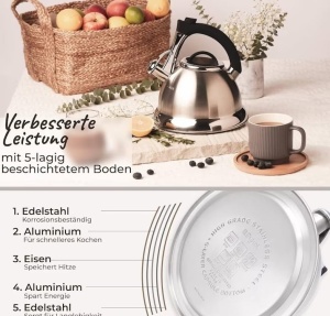 Ceainic cu fluier, Pykal, Otel inoxidabil, 3 L, 2 Infuzoare, Maner iCool, Argintiu, Resigilat, Grad A - Img 2