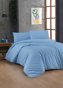 Cearsaf de pat cu elastic, bumbac ranforce 100%, 100x200+30 cm, lavabil 30°C, albastru deschis - Verificat A · Re-Bloom