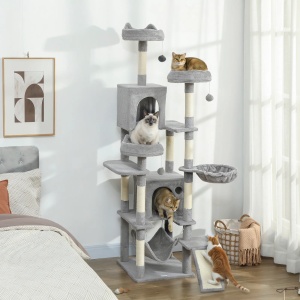 Copac de zgariat pentru pisici Re-Bloom, PAL/plush/bumbac PP/sisal, 48x48x192 cm, 2 hamace+3 platforme+2 casute+3 locuri odihna+scara, gri deschis/alb crem - Verificat A · Re-Bloom - Img 2