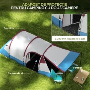 Cort camping 2-3 persoane 420x150x200 cm, 2 camere, impermeabil 2000mm, stalpi fibra de sticla, 3 usi, rosu/albastru/alb - Verificat A · Re-Bloom - Img 5