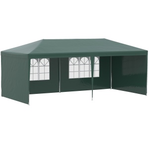 Cort de gradina 6x3m, cadru otel/tesatura PE, 5.85x2.95x2.55m, streasina 1.95m, pereti detasabili, ferestre 1.8x1.03m, 6 sfori + 12 tarusi, verde - Verificat A · Re-Bloom