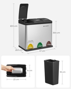 Cos de gunoi Songmics, 3 compartimente, otel/plastic, argintiu/negru, 47 x 28,3 x 39,5 cm, Resigilat, Grad A - Img 4