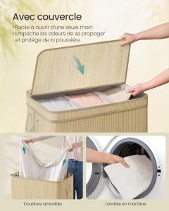 Cos pentru rufe cu 3 compartimente Songmics, bambus/textil/metal, natur, 66 x 43 x 61 cm, Resigilat, Grad A - Img 5