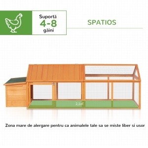 Cotet pentru gaini cu acoperis rabatabil si usa larga, lemn de brad/plasa metalica, 240x112.5x76 cm, streasina 49cm, cuib 37.5x93x43cm, usa 44x43cm, potrivit 4-8 gaini, portocaliu - Verificat A · Re-Bloom - Img 6