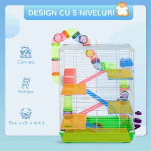 Cusca cu 5 niveluri pentru rozatoare, metal/PP/PS, 46x30x58 cm, roata Ø13x8cm, caseta 15x9x9cm, tuburi Ø5.5cm, bol + rezervor apa 80ml incluse, verde/alb - Verificat A · Re-Bloom - Img 4