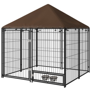 Cusca exterior caini 141x141x151 cm, acoperis Oxford impermeabil, sarma metal, usa cu boluri, negru/maro - Verificat A · Re-Bloom
