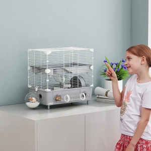 Cusca pentru hamsteri Re-Bloom, cu 2 nivele si 3 usi, otel/polipropilena/PS, gri/alb, 44 x 44,5 x 28 cm, Resigilat, Grad A - Img 4