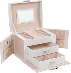 Cutie pentru bijuterii Songmics, MDF/piele PU/catifea, alb/roz, 17,5 x 13,5 x 12 cm, Resigilat, Grad A