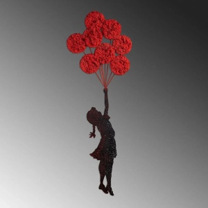 Decor de perete model fetita cu baloane, metal/muschi 100x34 cm, grosime 1.5mm, lucrat manual, rosu/negru - Verificat A · Re-Bloom - Img 5