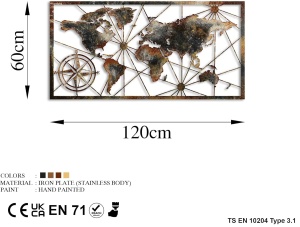 Decor de perete Re-Bloom, model World Map, metal, multicolor, 120 x 60 cm - Img 2