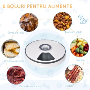 Distribuitor automat hrană câini & pisici cu LED & timer, 6 boluri, Φ30,5x7,2cm, Alb/Gri - Verificat A · Re-Bloom - Img 4