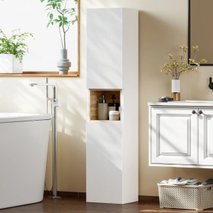 Dulap de baie cu 2 usi si rafturi reglabile, MDF, 30x24x140 cm, spatiu deschis, capacitate 30kg, alb/natur - Verificat A · Re-Bloom - Img 2