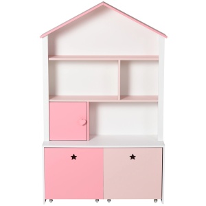 Dulap depozitare jucarii copii 80x34x130 cm, MDF P2, 4 rafturi, 2 sertare cu roti, alb/roz - Verificat A · Re-Bloom