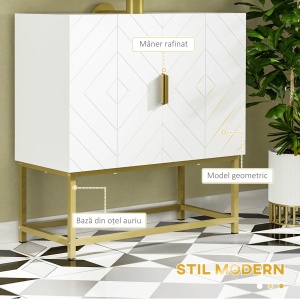 Dulap pentru chiuveta Re-Bloom, 2 usi, MDF/otel, alb/auriu, 60 x 30 x 65 cm, Resigilat, Grad A - Img 2