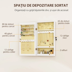 Dulapior oglinda pentru bijuterii montabil pe perete, MDF, 36.5x9.5x67 cm, oglinda 27.8x58.3 cm, 2 chei, capacitate 5kg, alb - Verificat A · Re-Bloom - Img 5