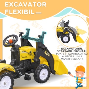 Excavator cu pedale pentru copii, metal/plastic, 167x41x52 cm, cupa frontala rotativa, remorca detasabila, 6 roti, capacitate 35kg, varsta 3+ ani, galben - Verificat A · Re-Bloom - Img 6