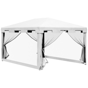 Foisor de gradina 4x3m, metal/PE, 395x295 cm, inaltime 200/255 cm, plasa tantari, 2 intrari, 4 franghii + 8 tarusi inclusi, alb/negru - Verificat A · Re-Bloom