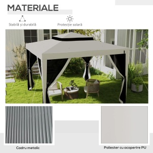 Foisor de gradina cu plasa tantari Re-Bloom, metal/poliester, 297x297x268 cm, acoperis dublu, stresina 200 cm, 4 sfori + 8 tarusi inclusi, bej/gri/negru - Verificat A · Re-Bloom - Img 4