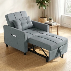 Fotoliu extensibil cu spatar reglabil, otel/lemn eucalipt/spuma/poliester, fotoliu 69x82x85cm, extensibil la pat 53x170x45cm, perna 50x33x8cm, capacitate 150kg, gri deschis - Verificat A · Re-Bloom - Img 2