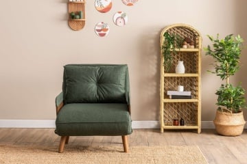 Futon fotoliu extensibil 77x70x82 cm, pat 190x70 cm, spatar 14 pozitii, tapiterie poliester, cadru metal, brate lemn, verde - Verificat A · Re-Bloom - Img 6
