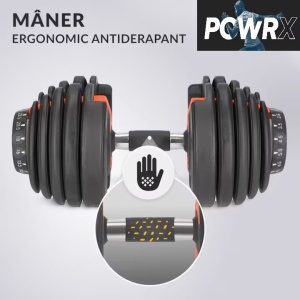 Gantera ajustabila, 15 setari de greutate, POWRX, maner antiderapant, pentru incepatori si intermediari, lungime 43 cm, 2.3 - 24 kg, Resigilat, Grad A - Img 4