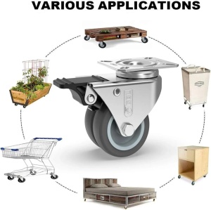 GBL set 4 roti duble pivotante 360°, TPR cauciuc termoplastic, Ø50mm, inaltime 70mm, 400kg, sistem franare, placa montare 70x50mm, gri - Verificat A · Re-Bloom - Img 2