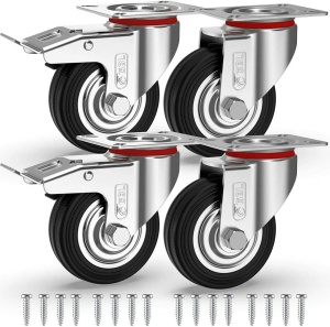 GBL set 4 roti universale otel, 75mm, pivotante 360°, 200kg, 2 frane, sigure toate tipurile pardoseala, negru/argintiu - Verificat A · Re-Bloom