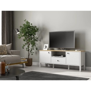 Hanah Home comoda TV living 150x58x35 cm, PAL 18mm, cant 0.8mm, picioare MDF, manere metal, lemn si alb - Verificat A · Re-Bloom - Img 5