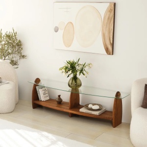 Hanah Home comoda TV living 160x35x45 cm, rafturi sticla securizata 100%, cadru pin masiv 100%, castan transparent - Verificat A · Re-Bloom - Img 2