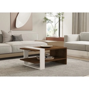 Hanah Home masa cafea 2 niveluri 80x50x35 cm, PAL 18mm, depozitare suplimentara, nuc si alb - Verificat A · Re-Bloom - Img 2