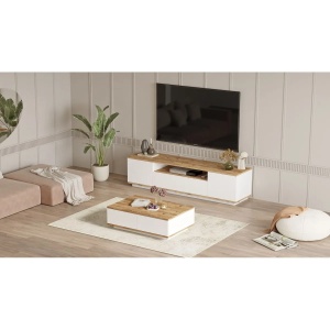 Hanah Home set mobilier living, comoda TV 180x44.6x44.5 cm + masuta cafea 90x28.6x60 cm, PAL 18mm, pin atlantic si alb - Verificat A · Re-Bloom - Img 4