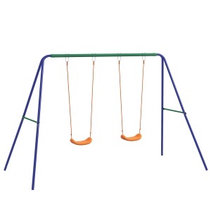Leagan pentru copii cu 2 scaune, otel/PP, 269x160x180 cm, scaun 33.5x17x9cm/inaltime 45cm, capacitate 45kg/scaun, certificat EN71, varsta 3-8 ani, 4 tarusi inclusi, albastru/verde/portocaliu - Verificat A · Re-Bloom