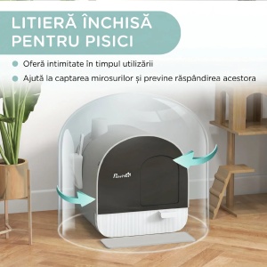 Litiera pentru pisici inchisa cu filtre si lopata, PP, 43x44x47 cm, tava interioara 38x34x8.5cm, usa 18x22.5cm, covoras 45.5x17cm, gri/negru/alb - Verificat A · Re-Bloom - Img 4
